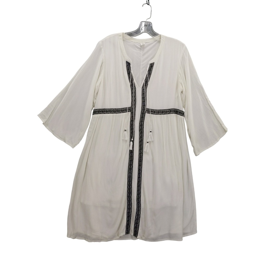 Old Navy Embroidered Tassel Dress Bohemian White Bell Sleeve Sz M Festival